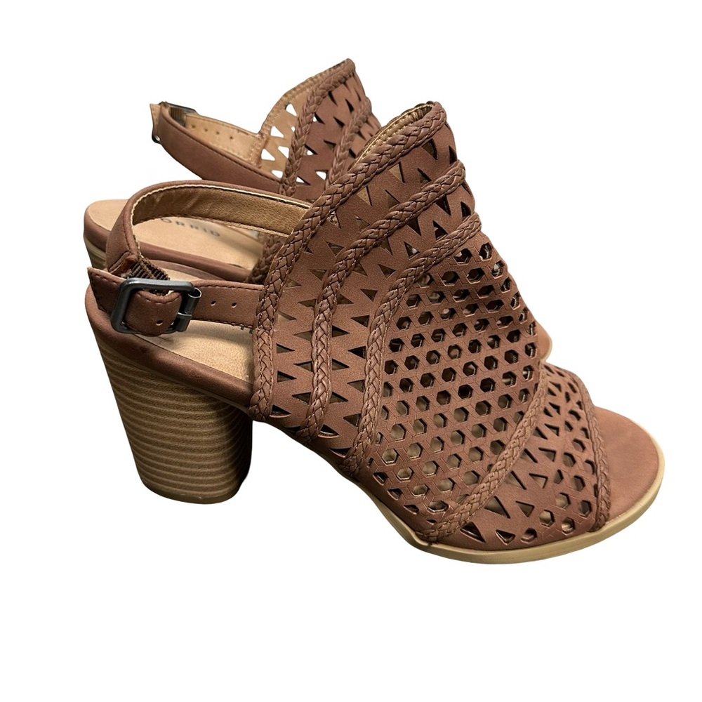 Torrid Chestnut Brown Faux Leather Laser Cut and Braided Heeled Sandals Size 10